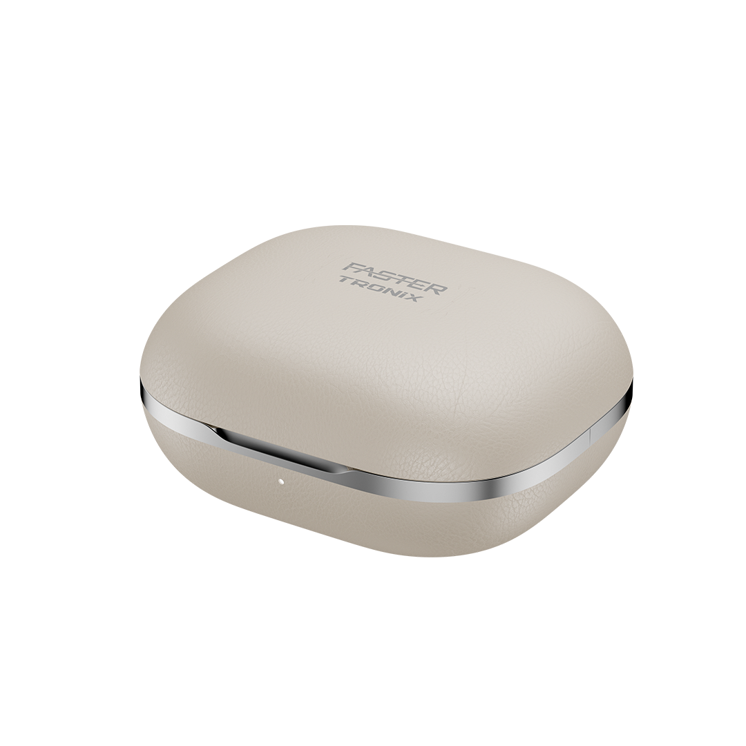 Beige wireless earbuds case with 'Faster Tronix' branding on a white background