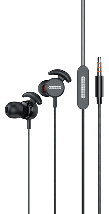 A pair of black earphones with inline microphone and control button.