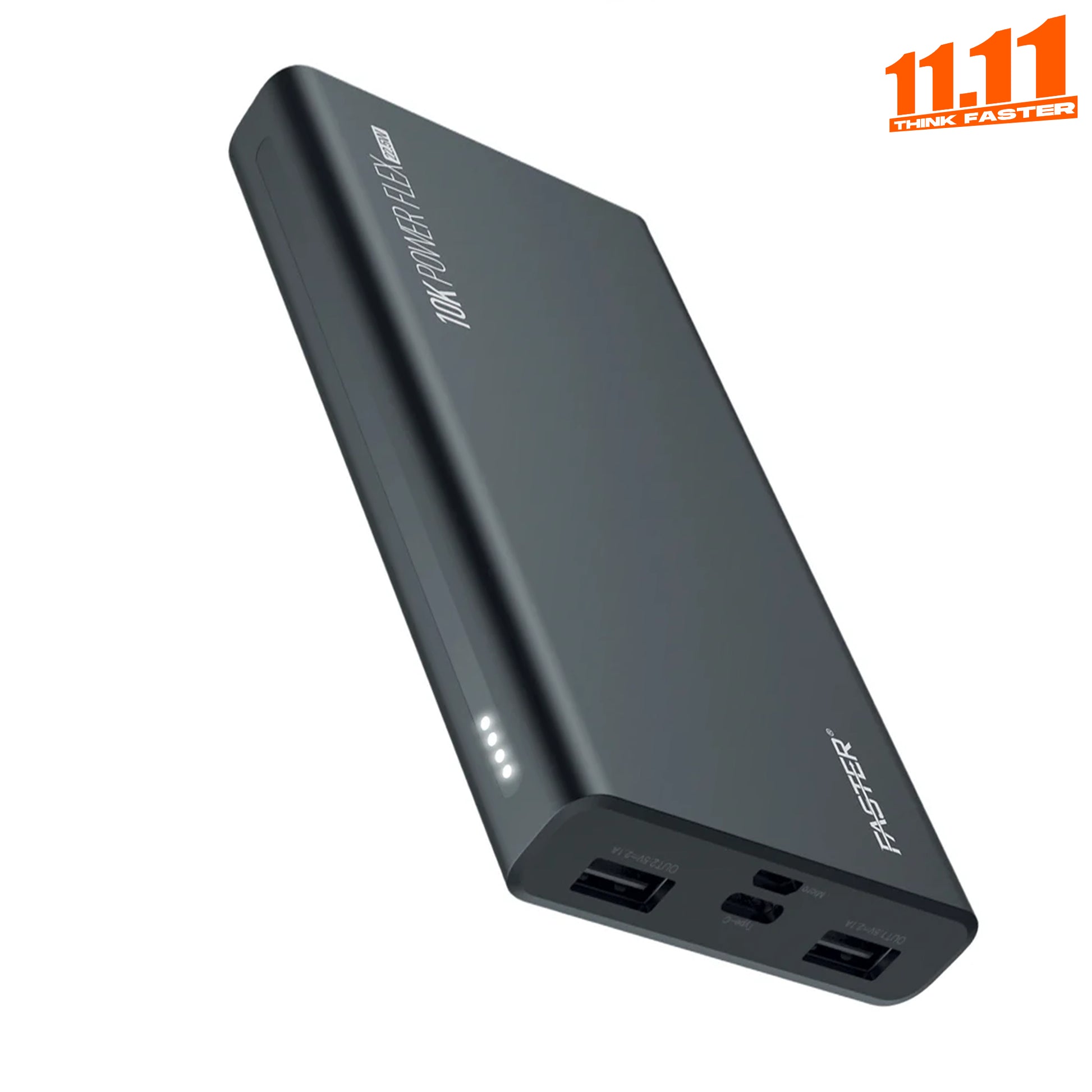Black power bank with multiple ports on a white background, featuring the brand 'Faster'.