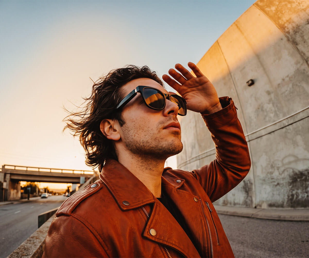 A man wearing a brown leather jacket and black sunglasses stands outdoors against a concrete wall at sunset, shielding his eyes with his hand.