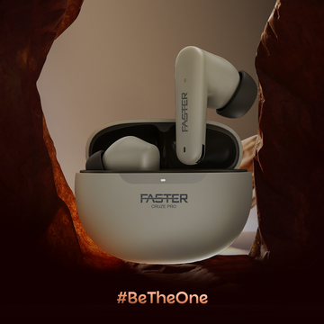 A pair of white in-ear headphones with a charging case, labeled Faster Cruze Pro placed inside a dark cave-like setting