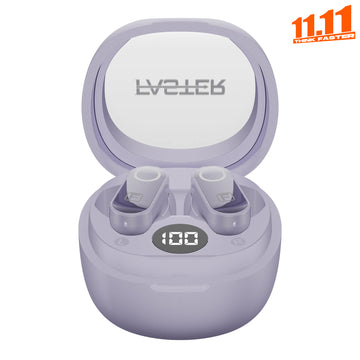 Purple wireless earbuds in charging case with FASTER branding on a white background.