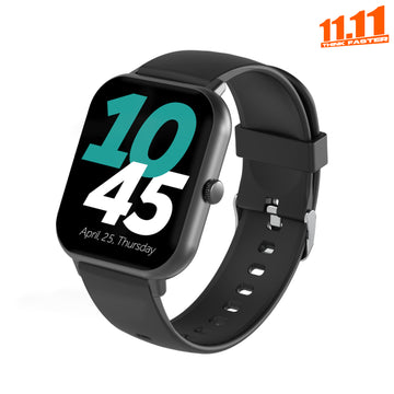 Black smartwatch with digital display on a white background