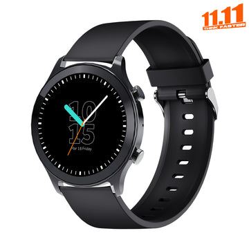Black smartwatch with a digital display on a white background