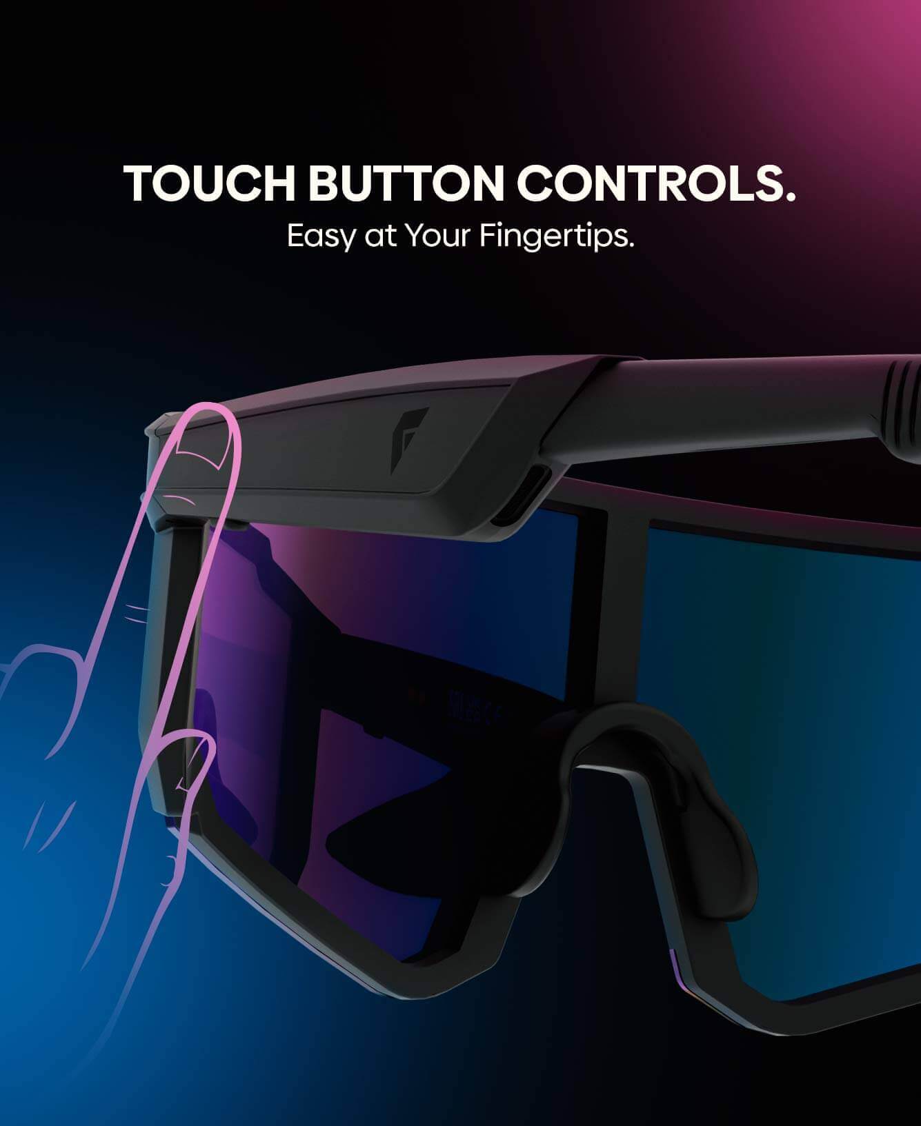 A close-up of a futuristic pair of wraparound sports sunglasses with a dark frame and mirrored lenses, shown against a blue-to-purple gradient background with the text 'TOUCH BUTTON CONTROLS. Easy at Your Fingertips.