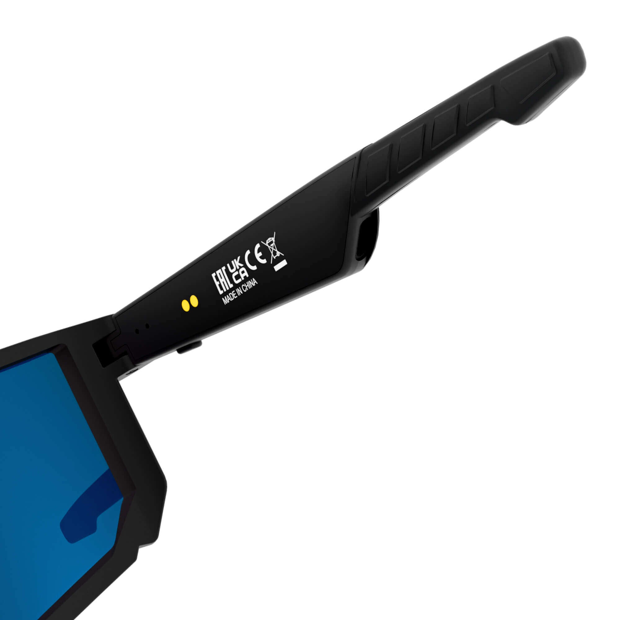 Close-up of the black temple arm of a pair of sunglasses with blue mirrored lenses, showing white printed text and symbols on the side.