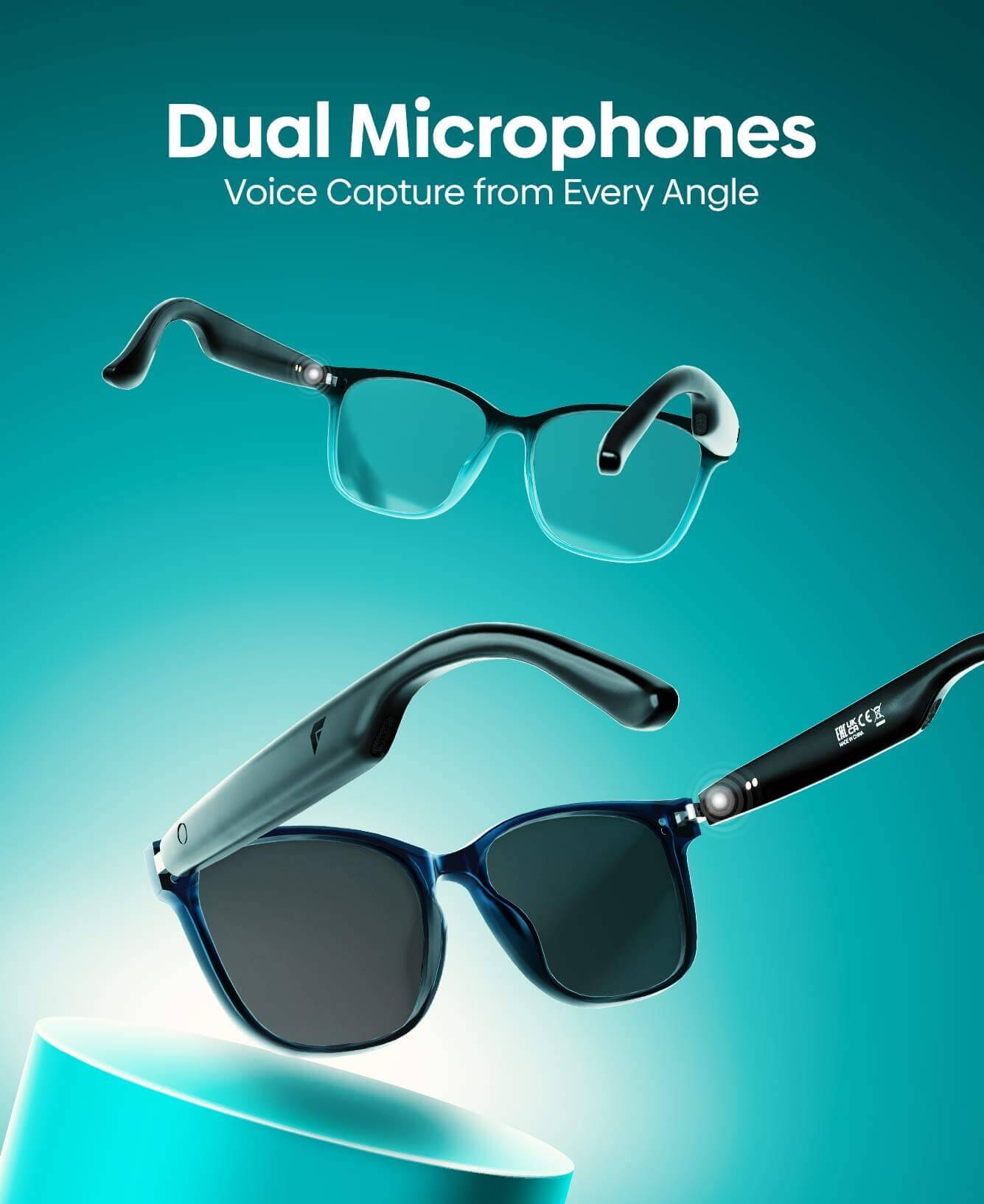 Two pairs of smart sunglasses with integrated dual microphones floating against a teal gradient background. The top pair has black frames and the bottom pair has dark blue frames, both with visible microphone components on the temples.
