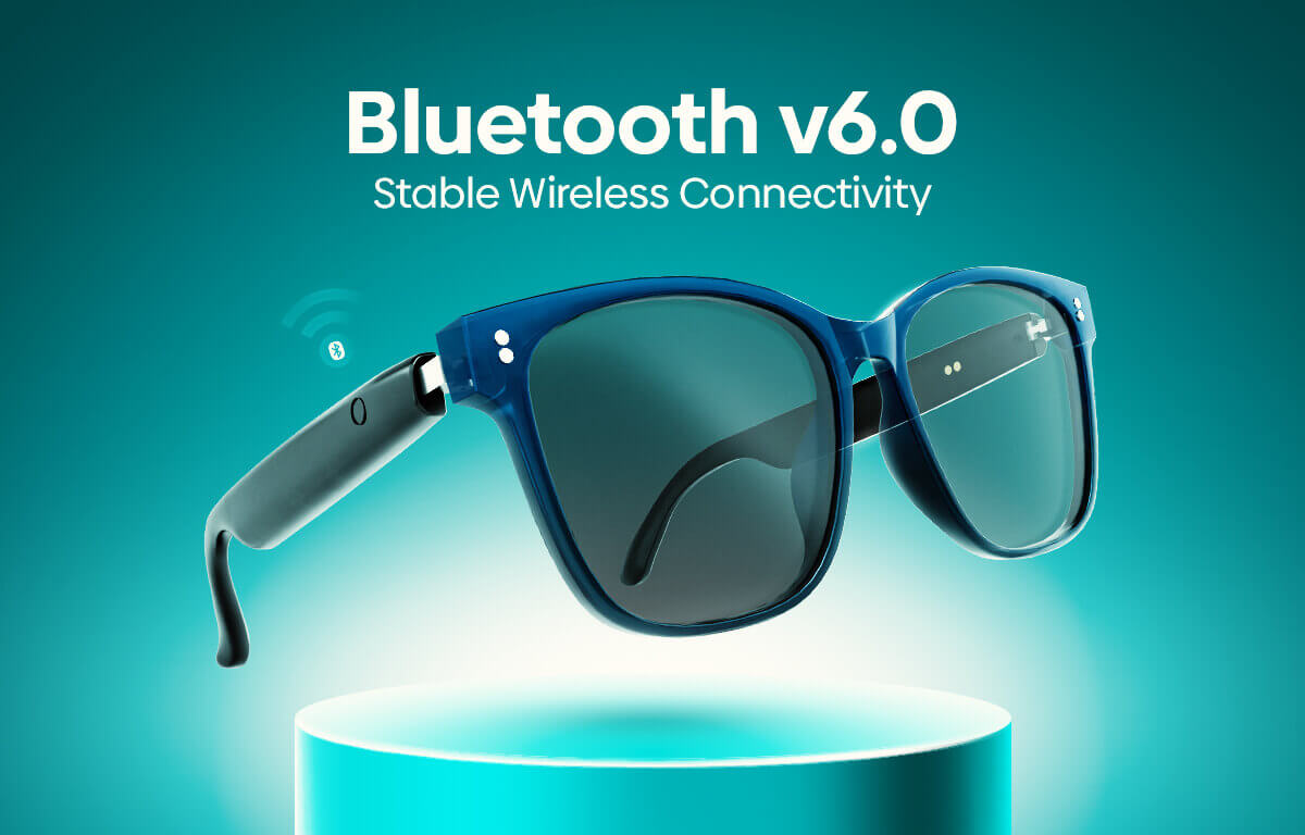 Blue smart sunglasses with dark lenses floating above a glowing cylindrical pedestal, with text reading 'Bluetooth v6.0 Stable Wireless Connectivity' on a teal background.