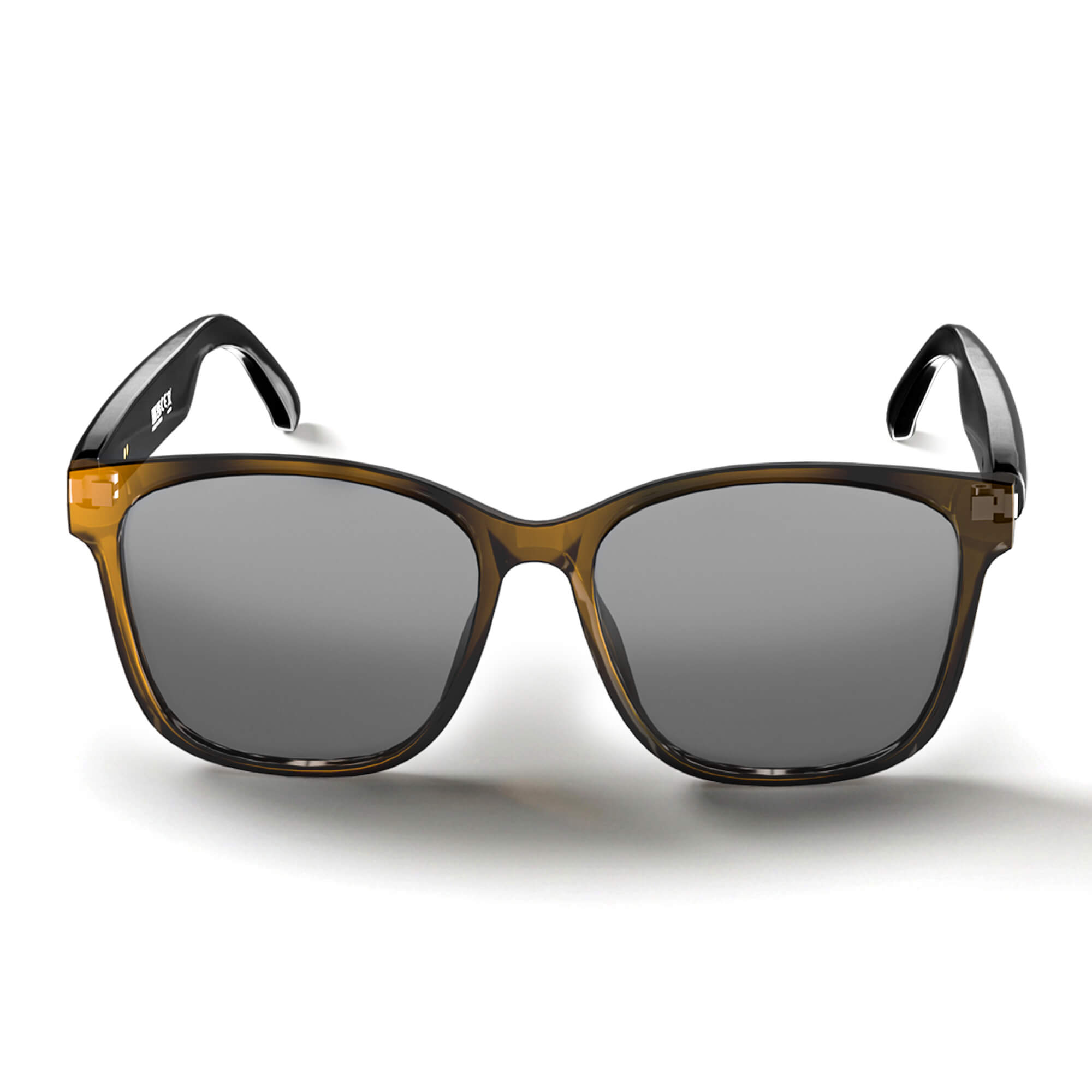 A pair of sunglasses with a translucent amber-brown acetate frame, dark gray lenses, and black temple tips, shown against a plain white background.
