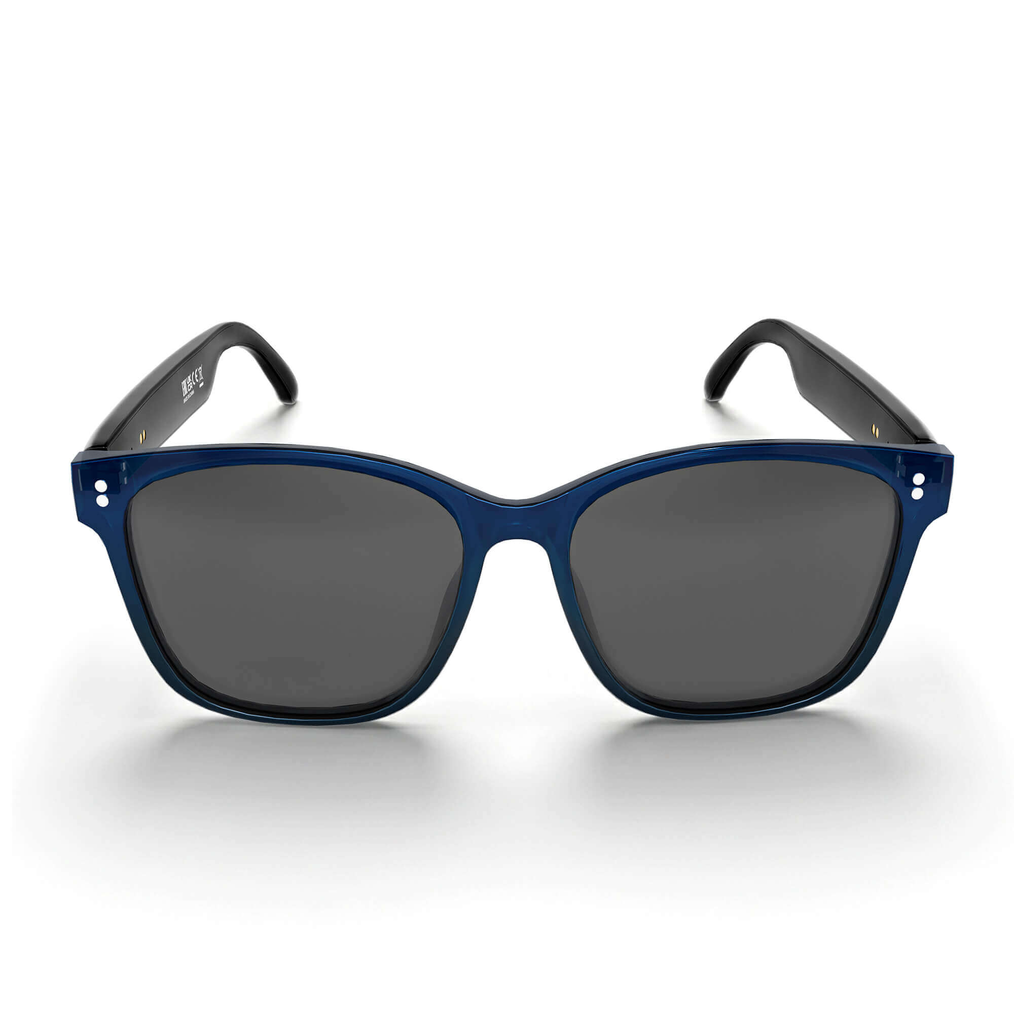 A pair of sunglasses with a dark blue acetate frame and dark gray lenses, shown from the front on a white background.