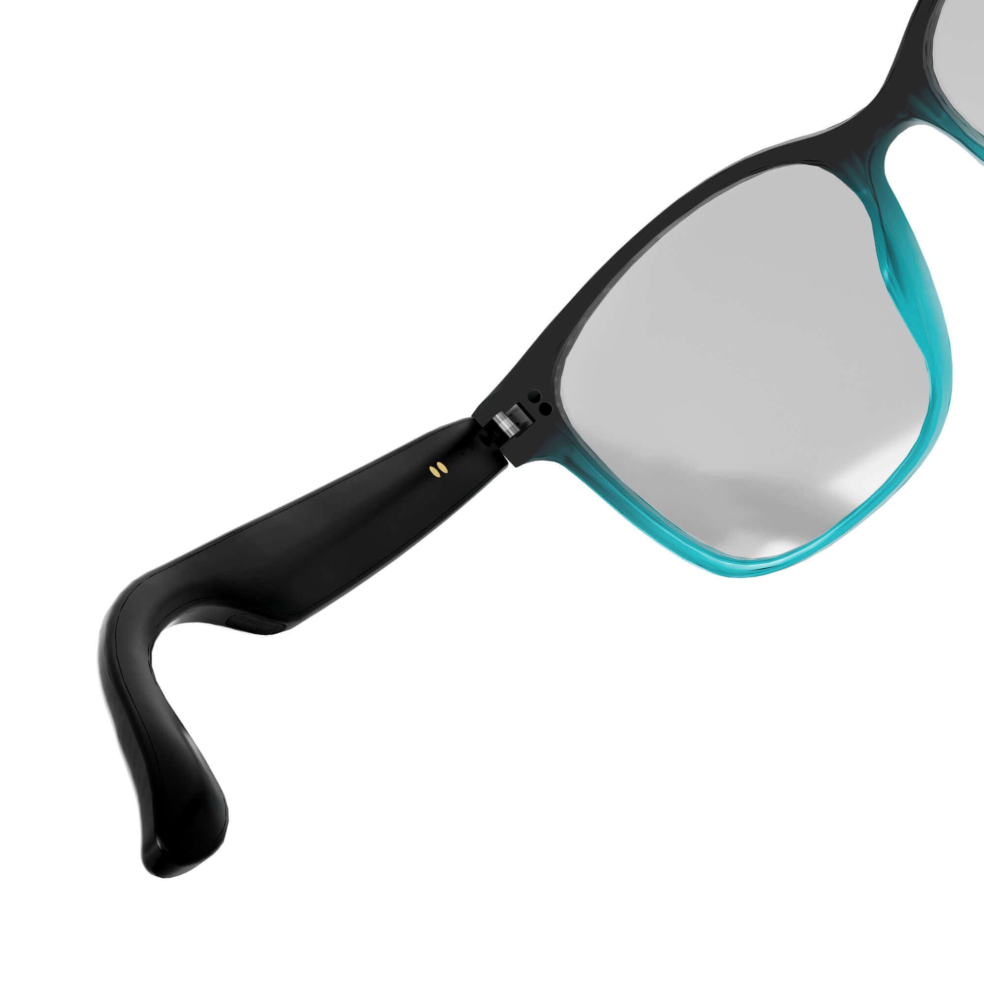 Close-up of a pair of sunglasses with a black and translucent teal frame and silver mirrored lenses, shown on a plain white background.