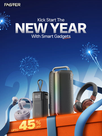 Promotional advertisement for smart gadgets with fireworks and 'Faster' branding on a blue background.