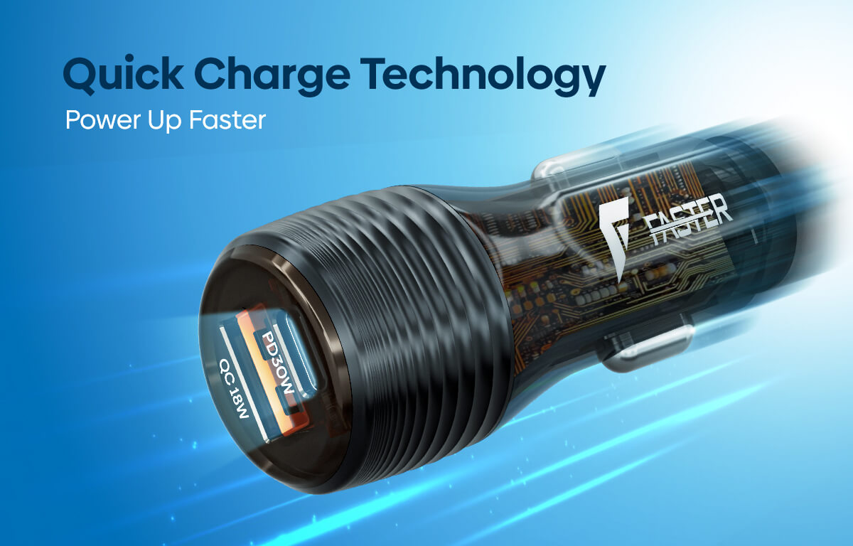 A black cylindrical electronic device with a ribbed body and a transparent section showing internal circuitry, shown at an angle on a blue background with the text 'Quick Charge Technology' and 'Power Up Faster'.