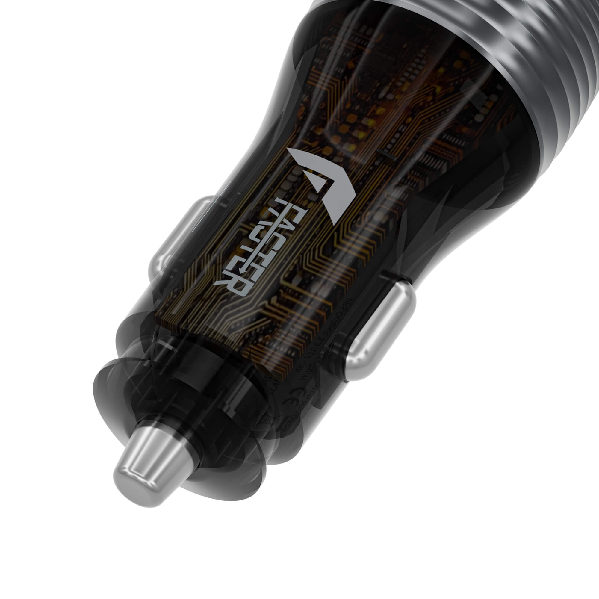 A close-up of a car charger with a transparent black body showing internal circuitry, silver metal contacts, and a silver threaded base. The brand name 'FASTER' is printed vertically on the side.