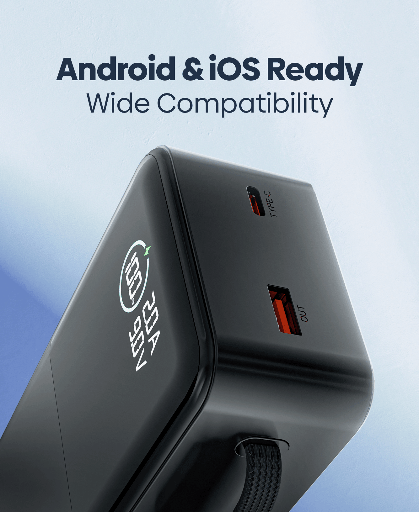 A black multi-port power bank with USB-C and USB-A ports, featuring a white circular logo on the side and text reading 'Android & iOS Ready Wide Compatibility' on a light blue gradient background.