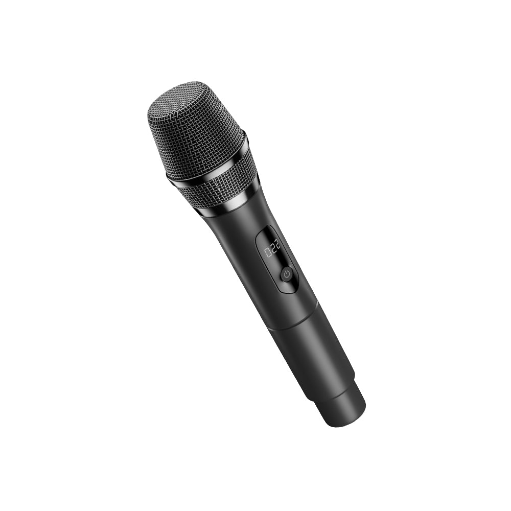 Black handheld microphone on a white background