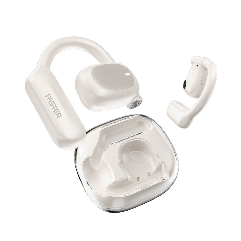 A pair of white over-ear earbuds with a transparent design and in-ear tips.