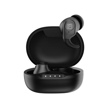 A pair of black wireless earbuds with a charging case.