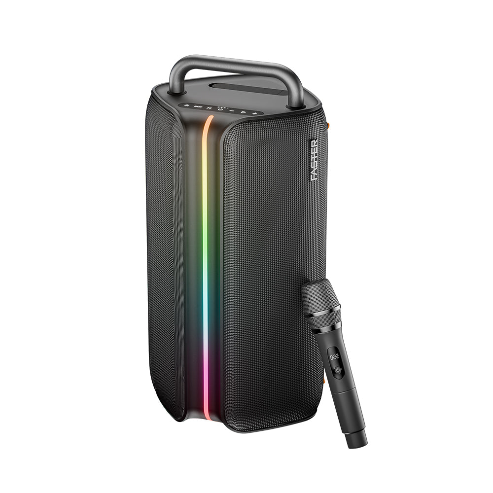 Black portable speaker with rainbow lighting on a white background
