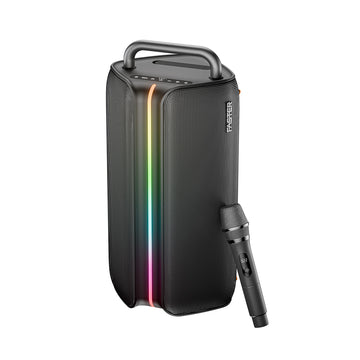 Black portable speaker with rainbow lighting on a white background
