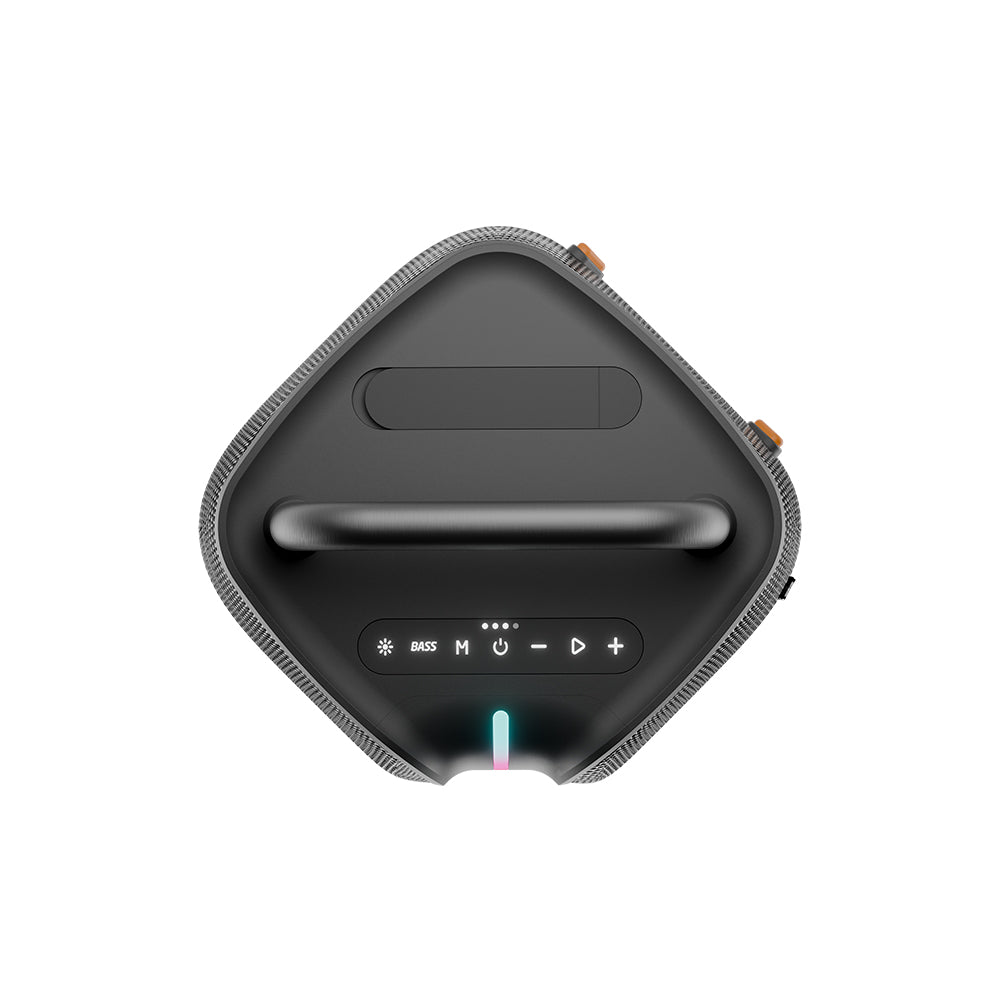 Top view of a black electronic device with control buttons on a white background