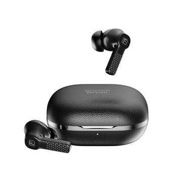 Black wireless earbuds with charging case on a white background
