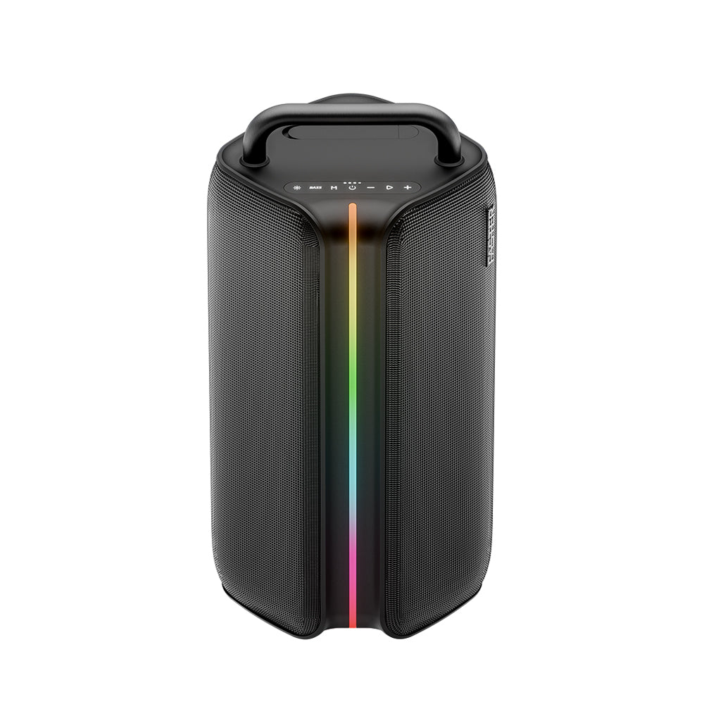 Black portable speaker with rainbow light on a white background