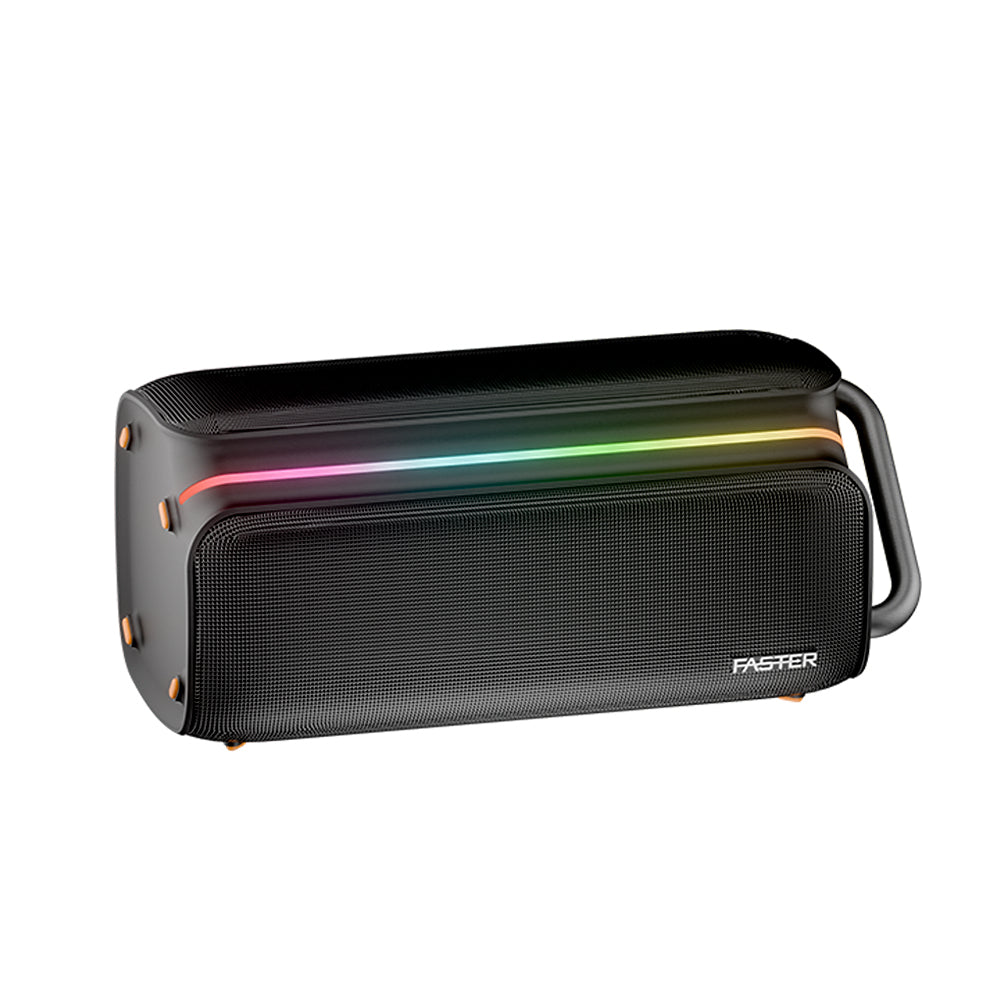 Black portable speaker with RGB lighting on a white background