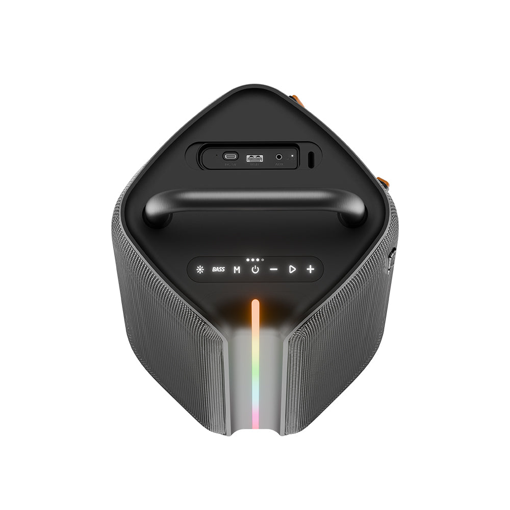 Black portable speaker with control buttons and LED lights on a white background