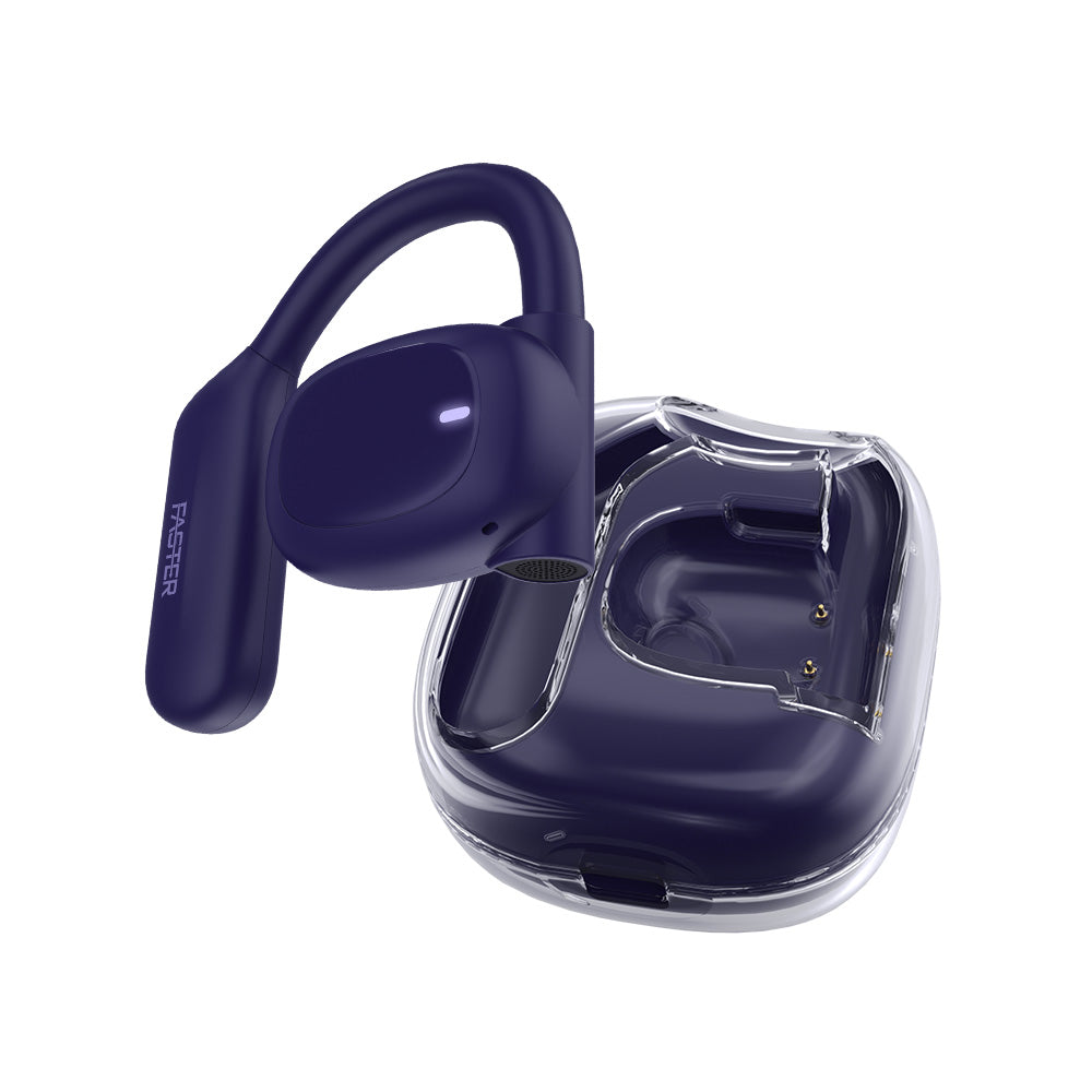 A pair of blue over-ear earbuds with a transparent design and in-ear tips.