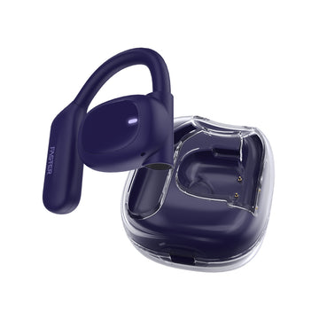 A pair of blue over-ear earbuds with a transparent design and in-ear tips.