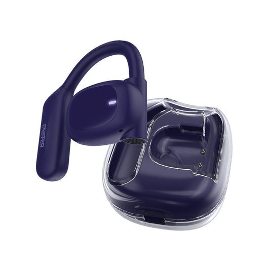 A pair of blue over-ear earbuds with a transparent design and in-ear tips.