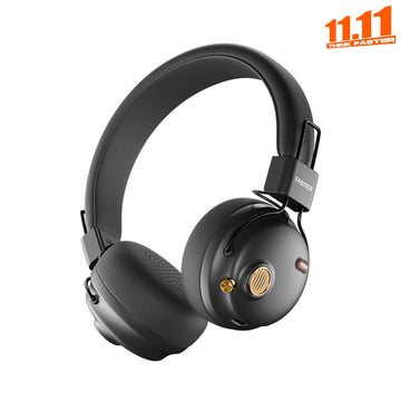 Black headphones with a brand logo on a white background