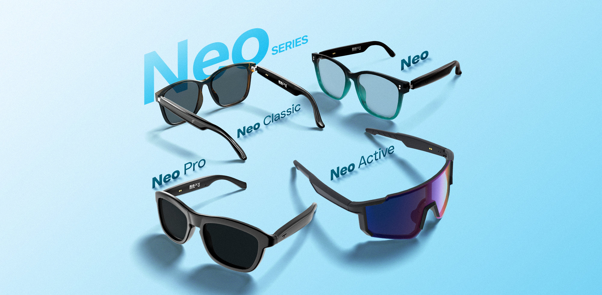 Four pairs of Smart Glasses from the Neo Series displayed on a light blue gradient background, labeled Neo Classic, Neo Pro, Neo Active, and Neo.