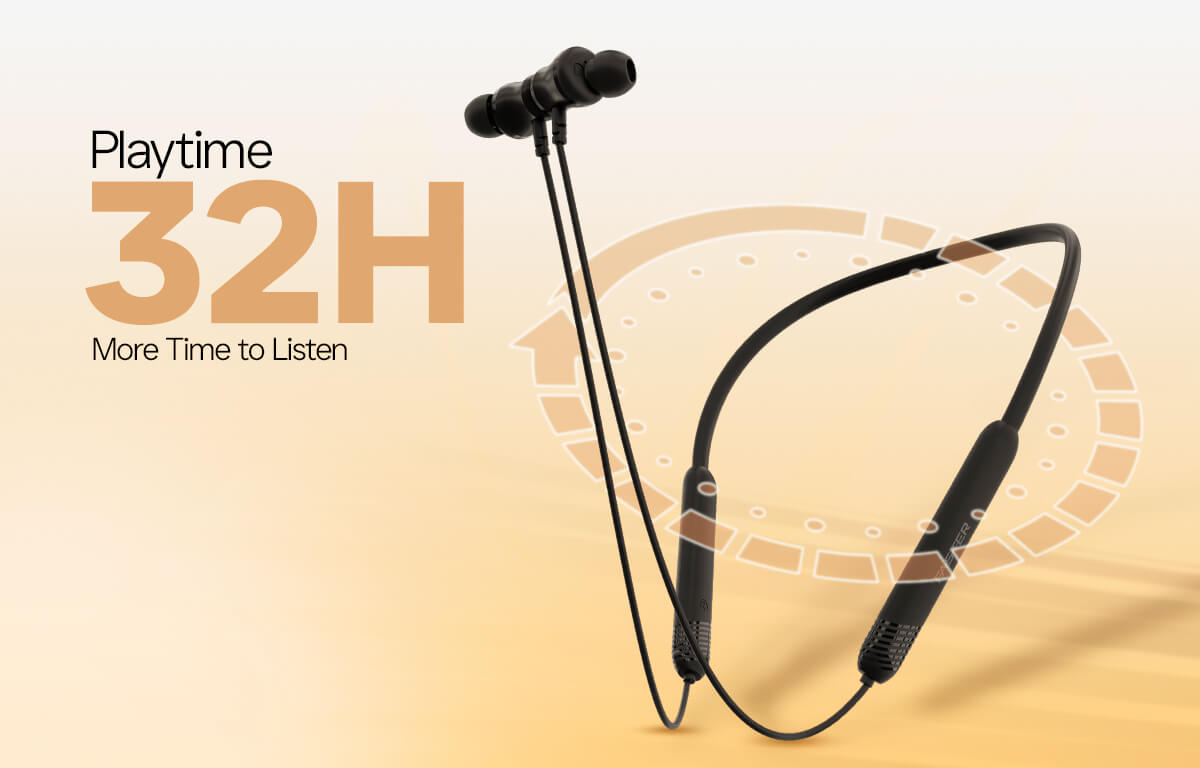 Black neckband wireless neckband with a cable, shown on a warm beige gradient background with promotional text reading 'Playtime 32H More Time to Listen' and a faint circular graphic.