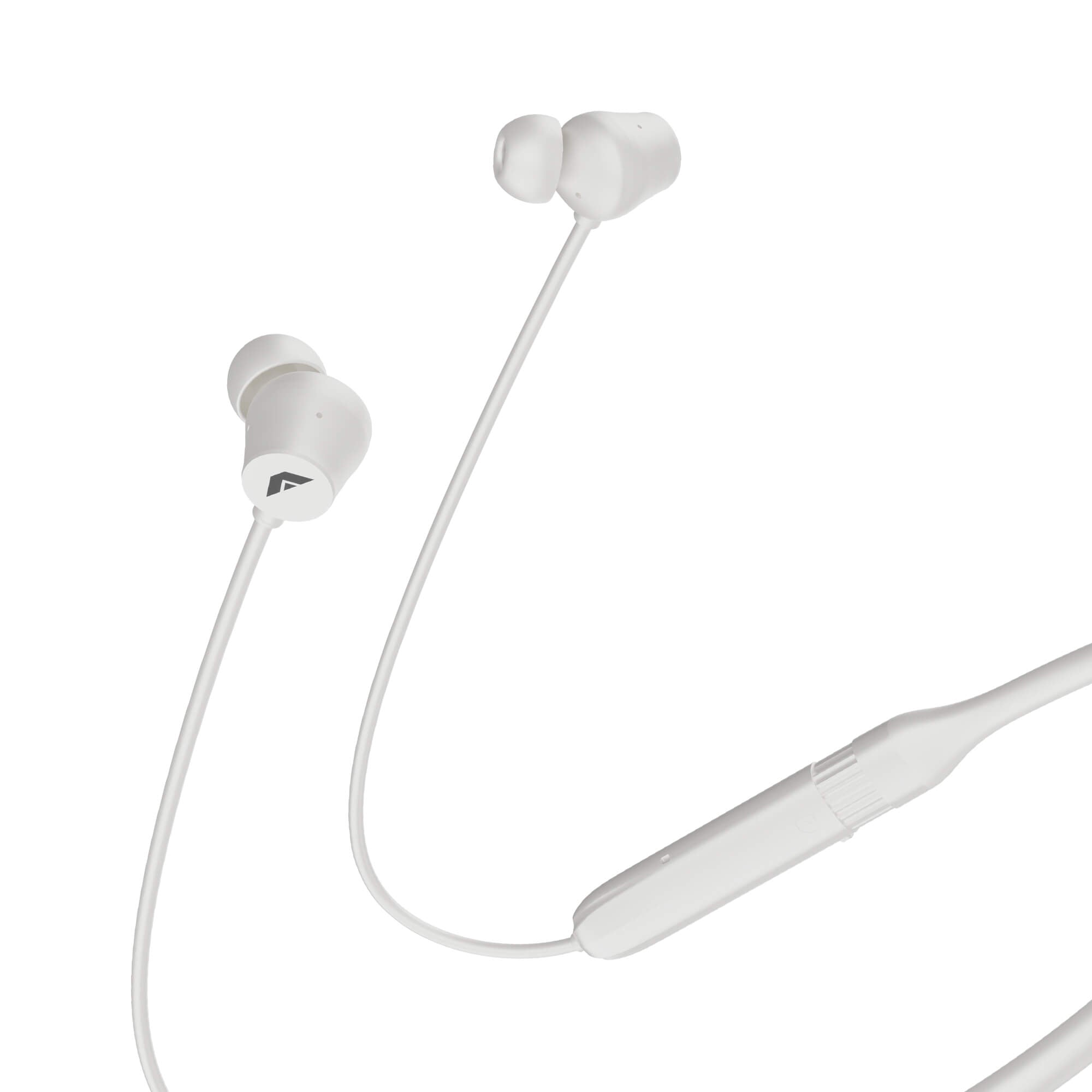 White in-ear wireless headphones with a connecting cable and inline remote control, shown against a solid white background.
