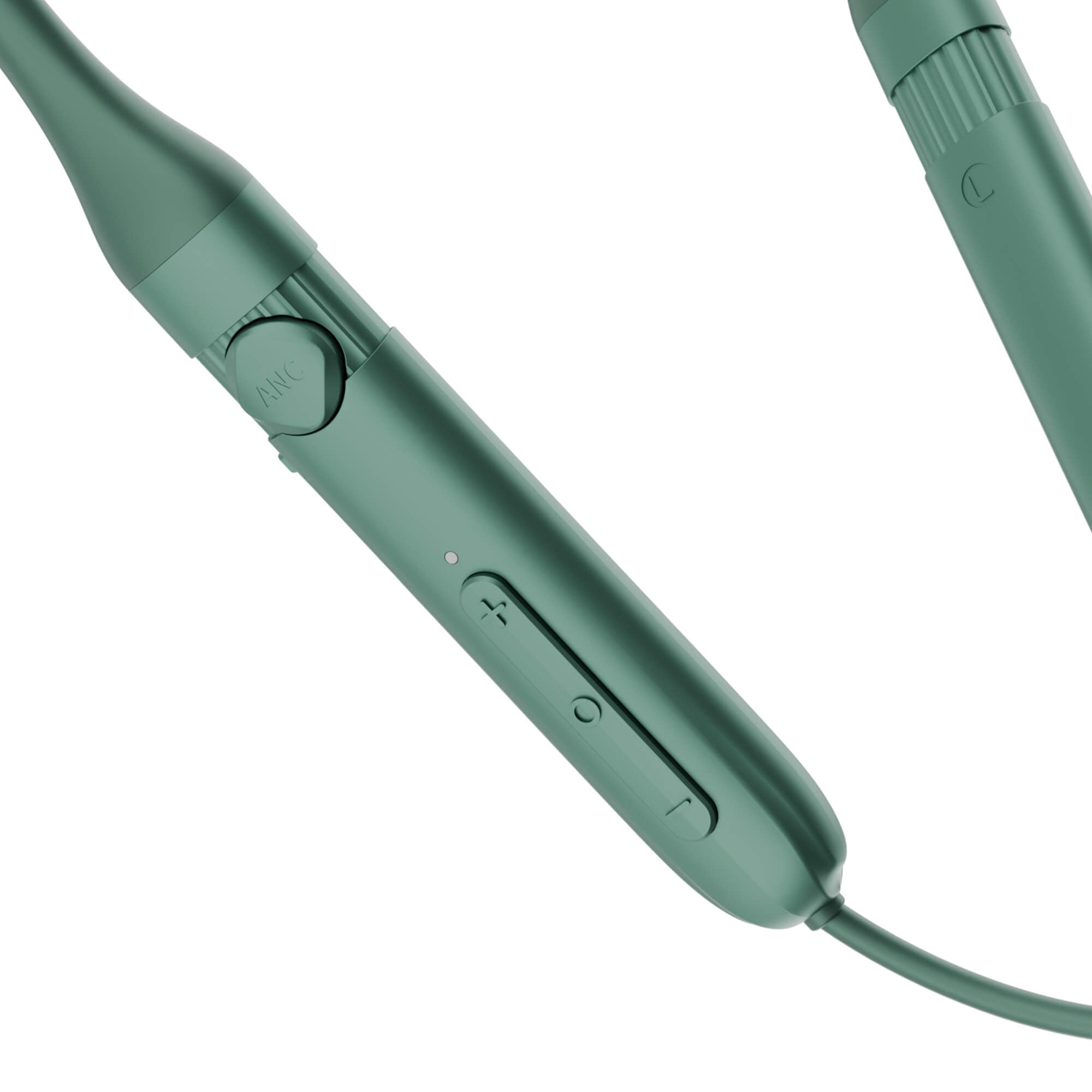 A close-up of a teal green wired electronic device, likely a neckband, showing the inline control buttons and a textured connector on a white background.