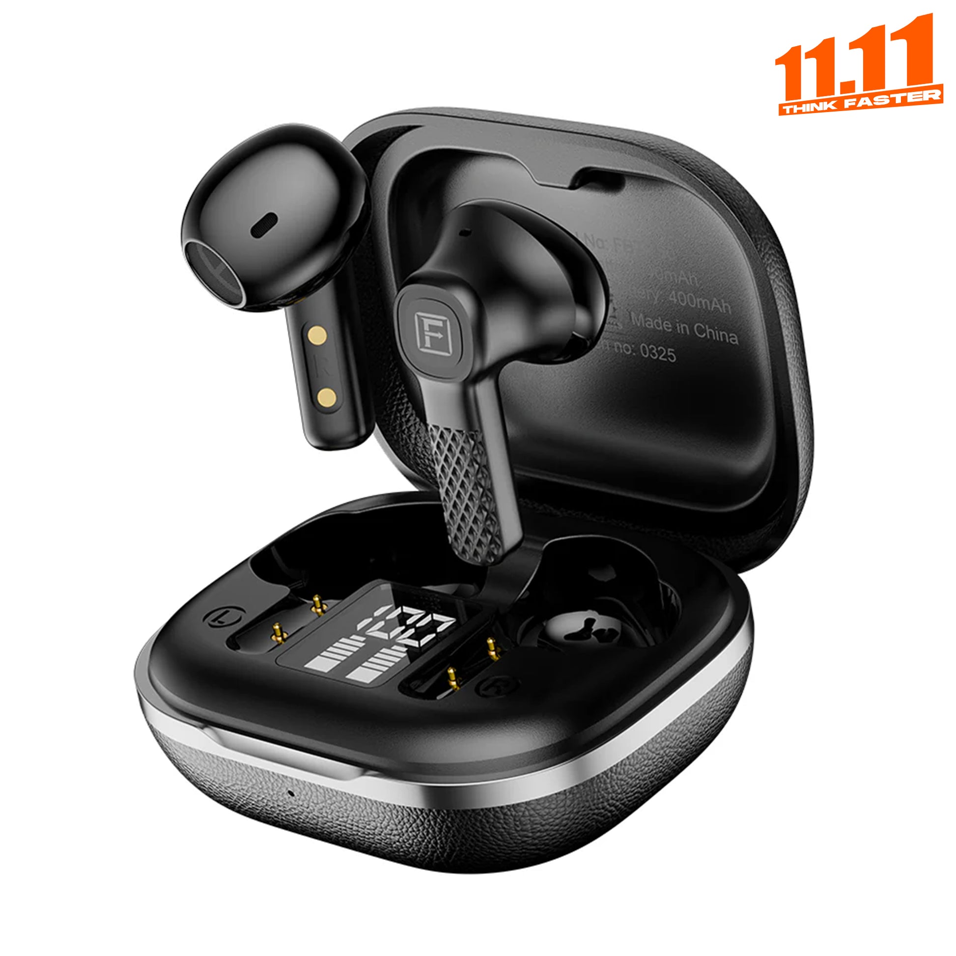 Black wireless earbuds with charging case on a white background, featuring '11.11' sale text.