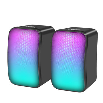 A pair of black USB 2.0 speakers with RGB multi-colored lighting on the front.