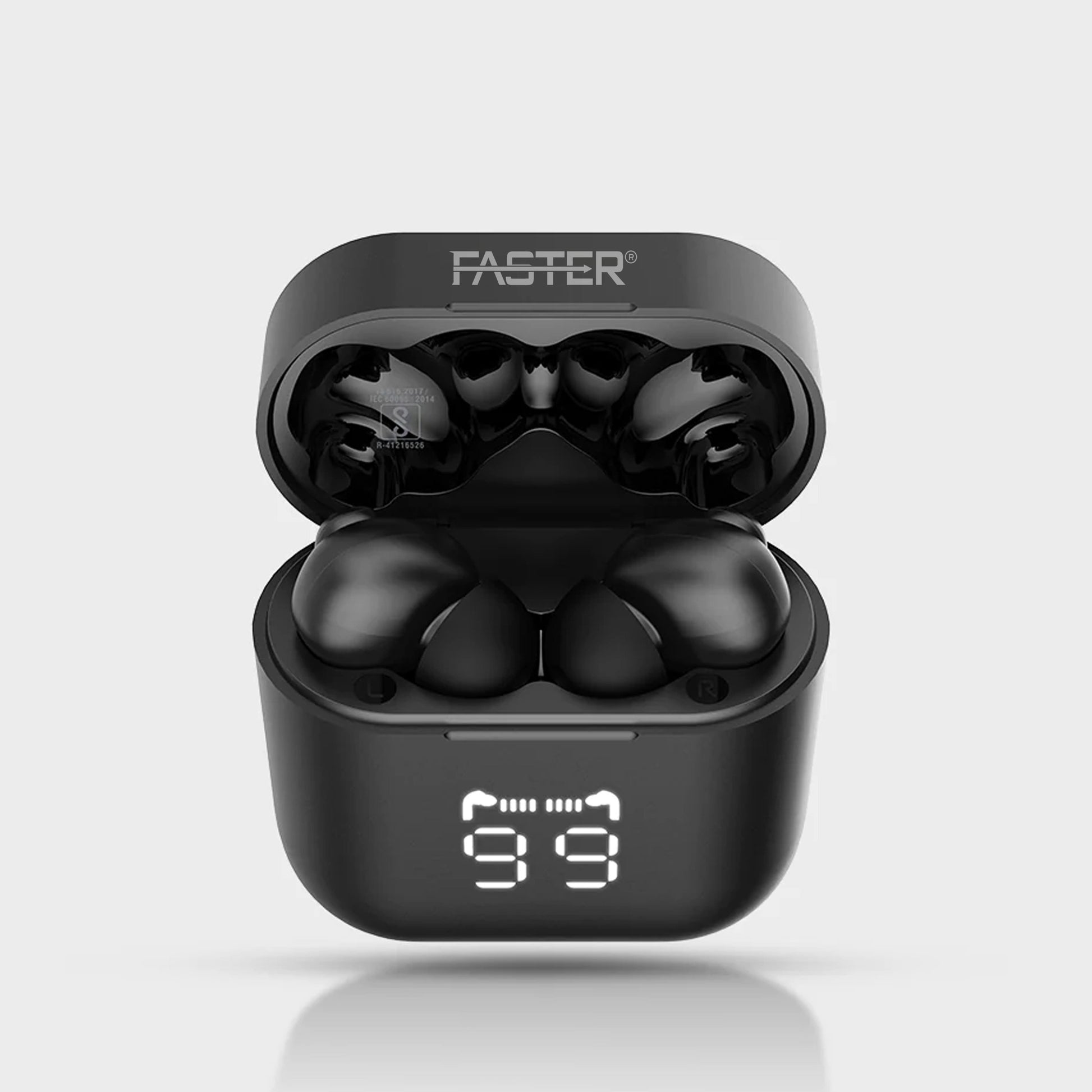 FASTER E20 Pro ENC earbuds with charging case on white background