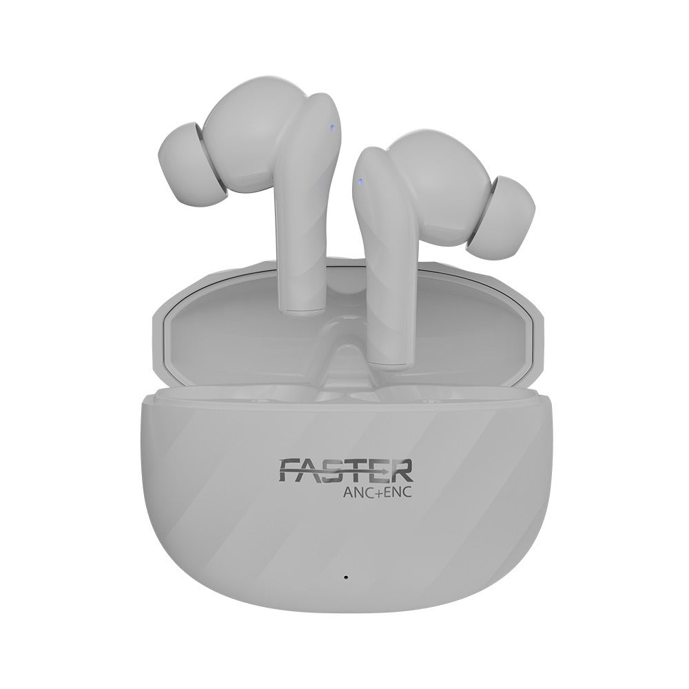 A pair of blue earbuds in a black charging case with the text 'FASTER' on the front.