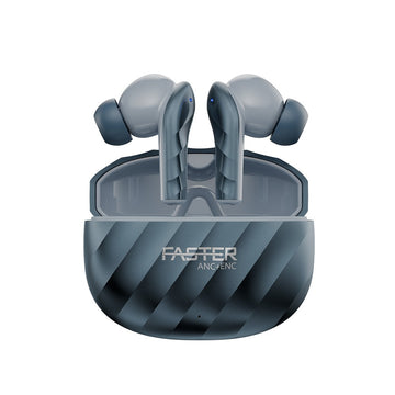 A pair of blue earbuds in a black charging case with the text 'FASTER' on the front.