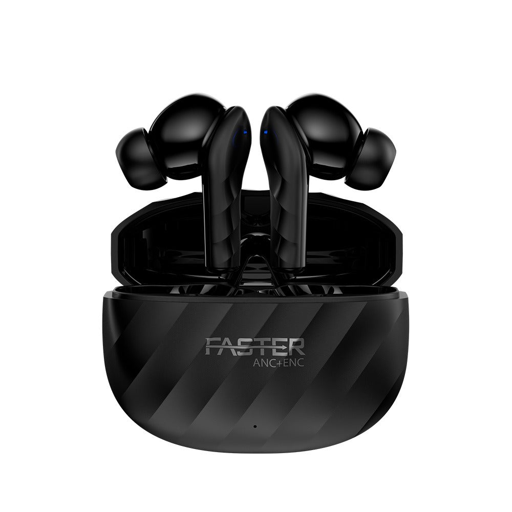 A pair of black earbuds in a black charging case with the text 'FASTER' on the front.