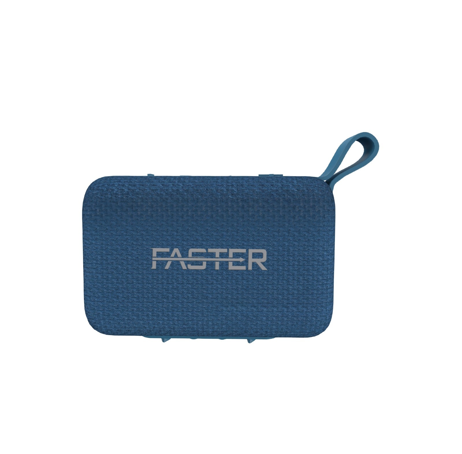 A blue portable Bluetooth speaker with the brand name 'FASTER' written on the front.