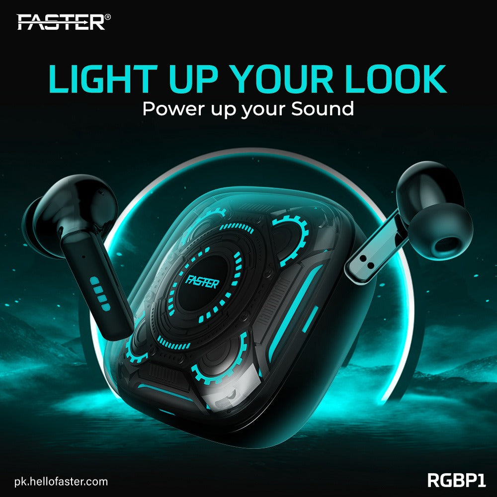 Encased earbuds with RGB lighting, displayed in an advertisement with the brand name FASTER prominently shown.