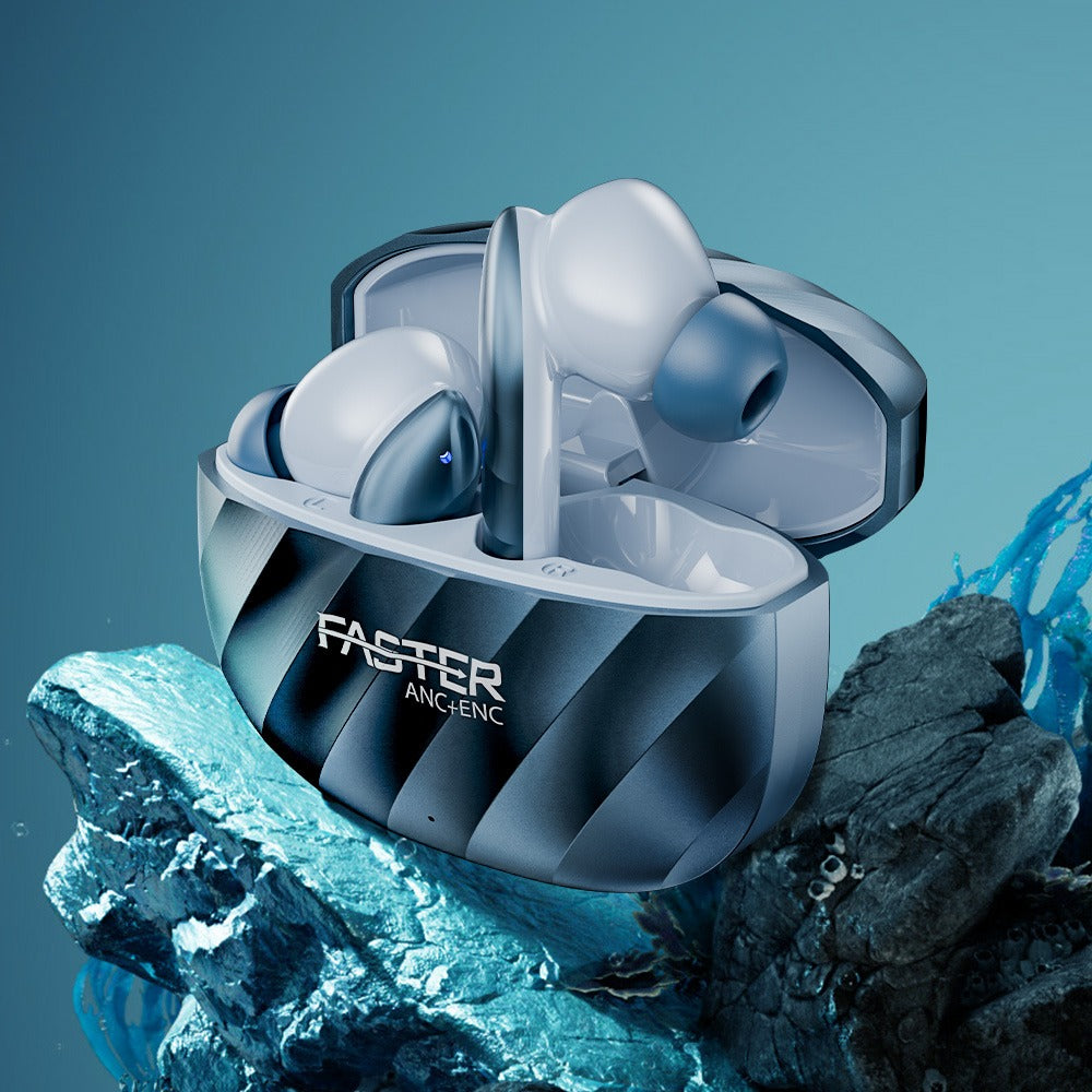 A pair of blue earbuds in a black charging case with the text 'FASTER' on the front.