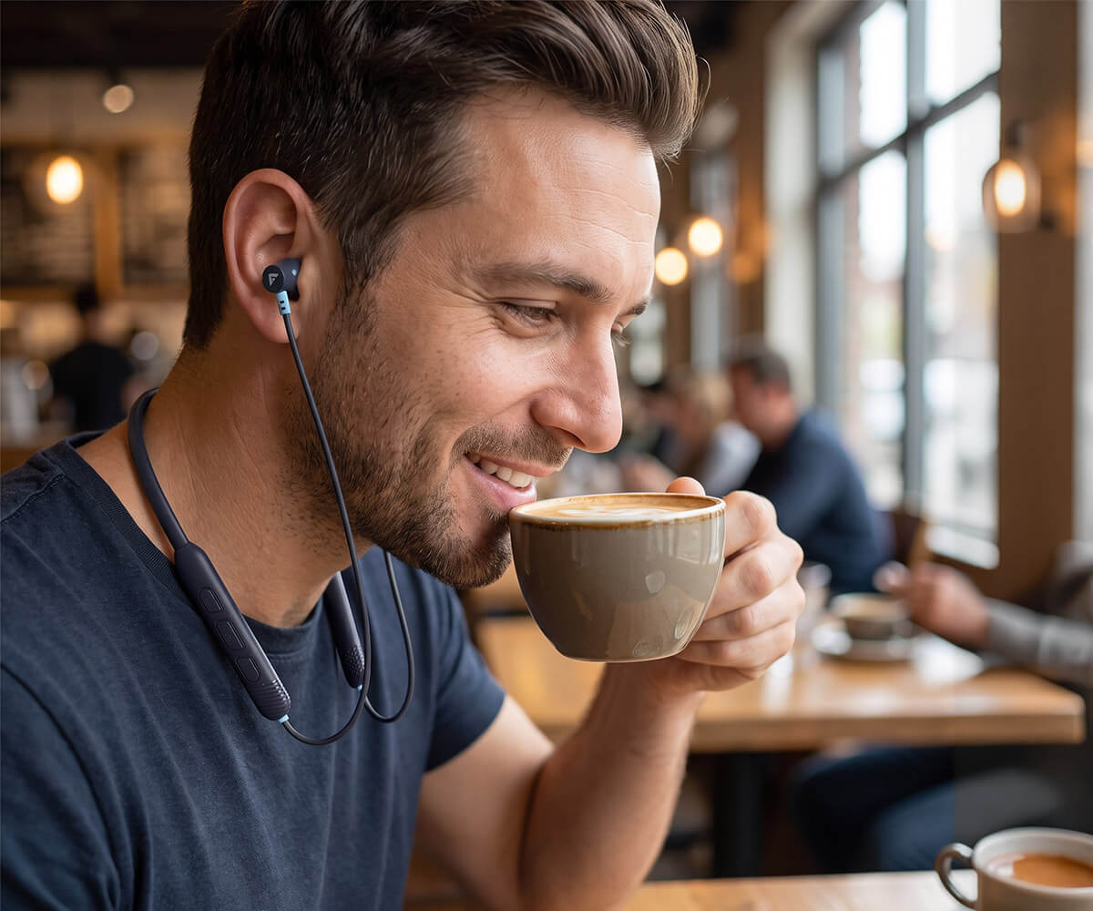 A man in a cafe wearing a dark blue neckband earphone and drinking from a brown ceramic coffee cup.
