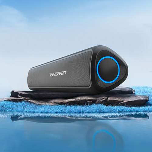 A black FASTER Z10 wireless soundbar speaker positioned on a blue surface with a blurred background.