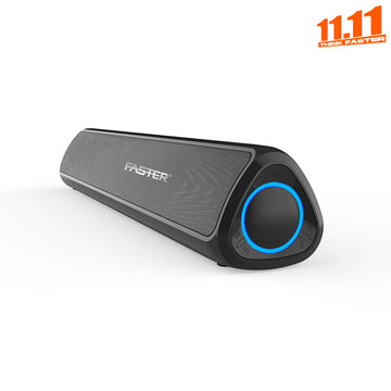 Black and blue triangular speaker with 'FASTER' branding on a white background