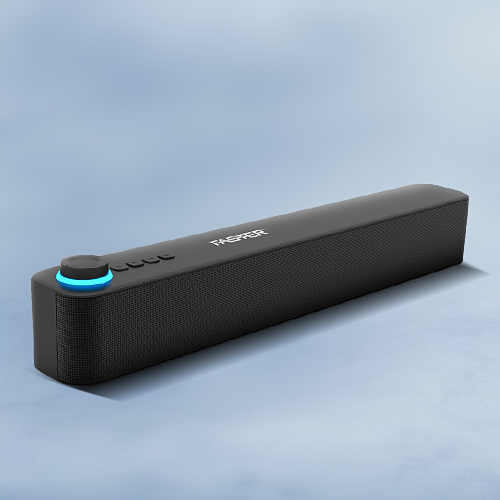 A black FASTER Z5 SoundBar wireless speaker with a blue LED indicator, placed on a surface with a clear background.